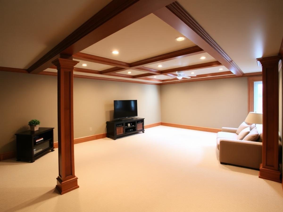 Finished basement with coffered ceiling and wood trim