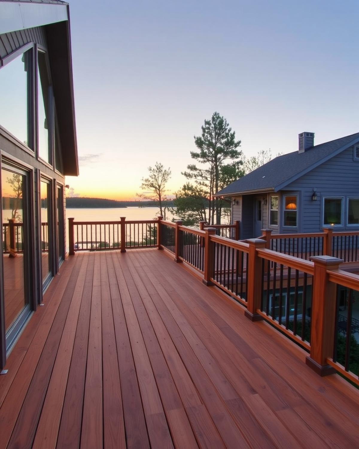Custom cedar lakeshore deck at sunset built in Wisconsin