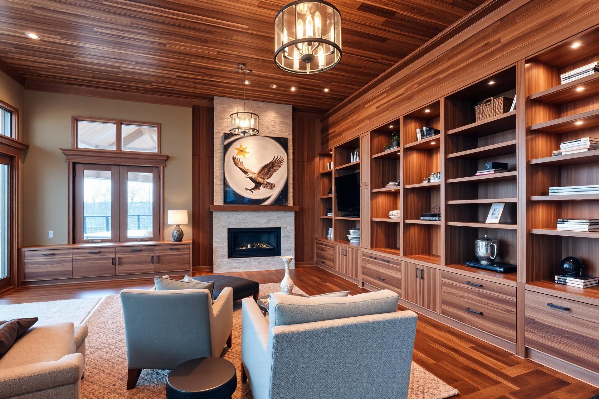Custom carpentry work in a luxury Plymouth Wisconsin home with wood built-ins and warm lighting
